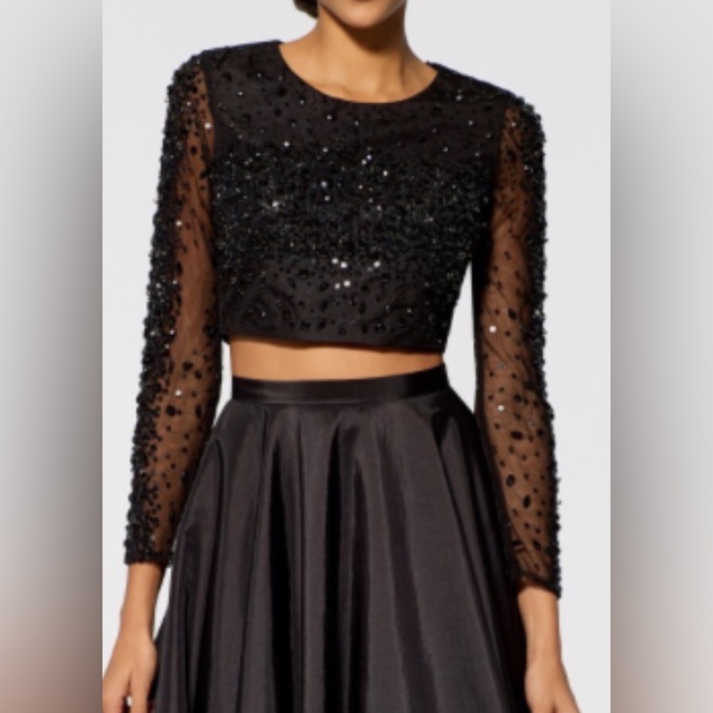 Beaded Studded Embellished Sheer Black long sleeve Crop Top Sz. XS-S
